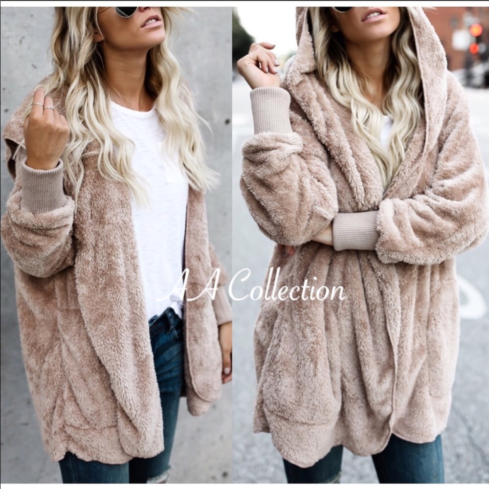 Faux Fur Sherpa Hoodie Plush Jacket Coat OS - Picture 6 of 8